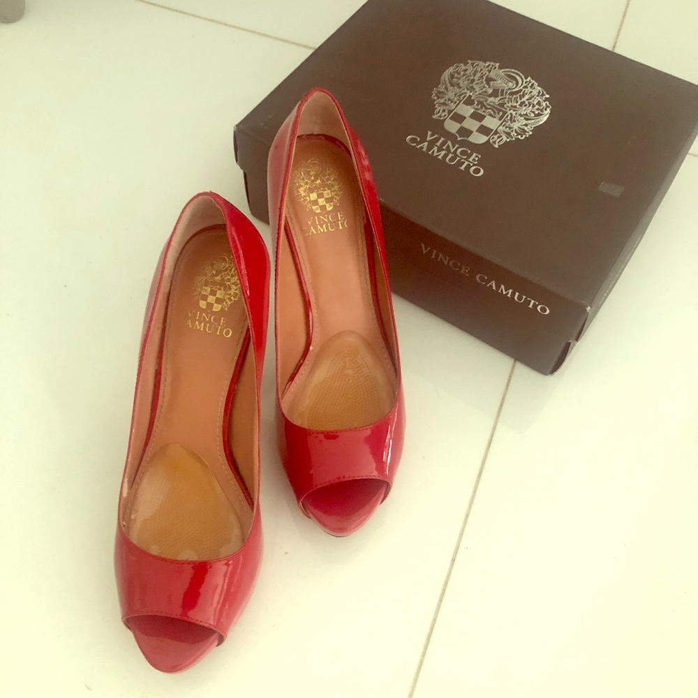 Patient leather Cherry red peep toe heels